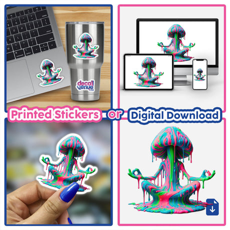 Psychedelic Zen Mushroom - Vibrant Dripping Meditation: A collage featuring a jellyfish, colorful slime in various poses, and a silver cup with stickers, available as stickers or digital artwork.