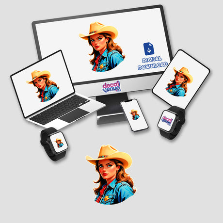 A Cute American Cowgirl digital artwork displayed on a computer monitor and laptop, featuring a woman in a cowboy hat. Available as stickers or digital downloads from Decal Venue.