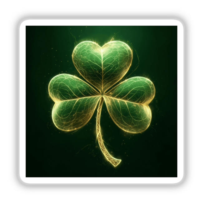 Luminous Shamrock – Glowing Green Clover with Delicate Gold Veins, featured as a vibrant sticker or digital artwork, showcasing intricate gold-lined leaf details.