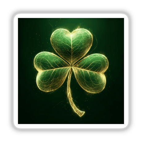 Luminous Shamrock – Glowing Green Clover with Delicate Gold Veins, featured as a vibrant sticker or digital artwork, showcasing intricate gold-lined leaf details.