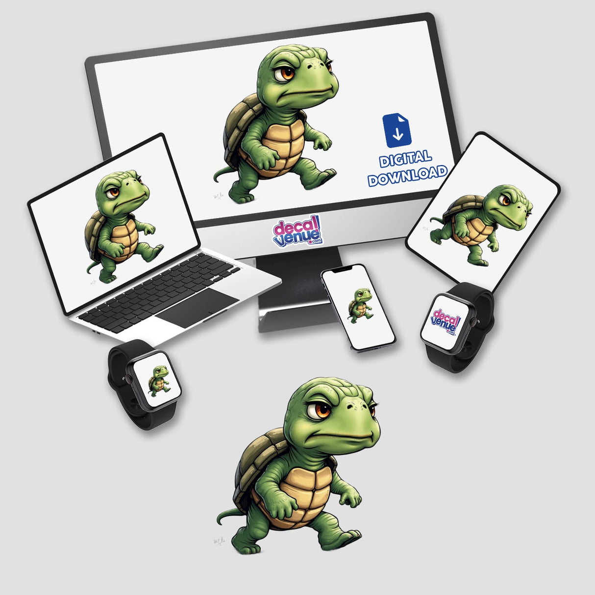 Adorably Grumpy Turtle with Determined Expression displayed on computer monitor, laptop, tablet, and phone screens, available as stickers or digital artwork from Decal Venue.