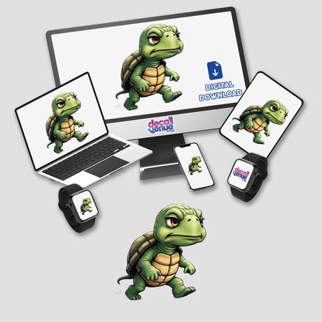 Adorably Grumpy Turtle with Determined Expression displayed on computer monitor, laptop, tablet, and phone screens, available as stickers or digital artwork from Decal Venue.