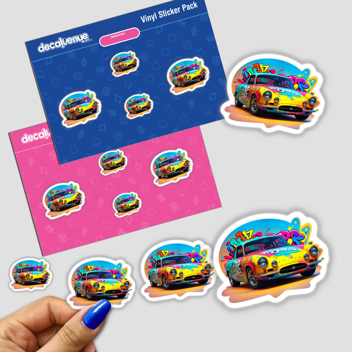 A Classic Graffiti Car sticker, featuring a vibrant graffiti design, held by a hand. Part of Decal Venue's unique stickers and digital art collection.