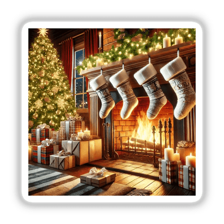 Cozy Hearth - A Warm Fireplace with Stockings and Gifts: A Christmas tree adorned with presents, stockings hanging from a fireplace, available as stickers or digital artwork.