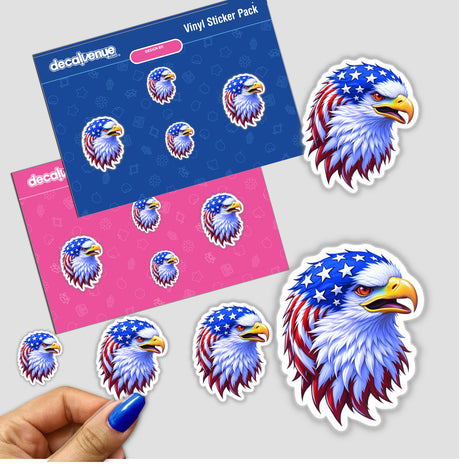 Sticker featuring a cartoon eagle with stars and stripes, titled A Cool American Flag Eagle, perfect for showcasing patriotism. Available as a sticker or digital artwork from Decal Venue.