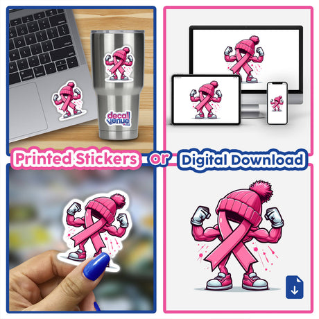 Collage of Flexing Pink Breast Cancer Ribbon Beanie III stickers and digital artwork, featuring pink ribbons in various cartoon styles, including a laptop with a pink ribbon and close-up details.