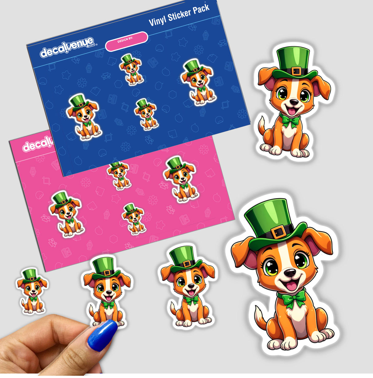 St. Patrick's Day Puppy stickers featuring cartoon dogs in green hats, available from Decal Venue as stickers or digital artwork.