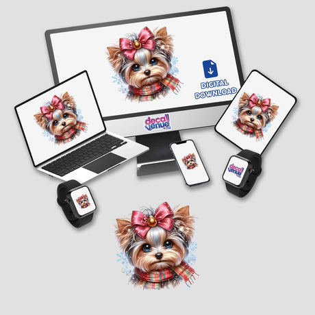 Computer monitor and laptop displaying Cute Winter Yorkie Dog artwork with a bow, available as stickers or digital artwork.