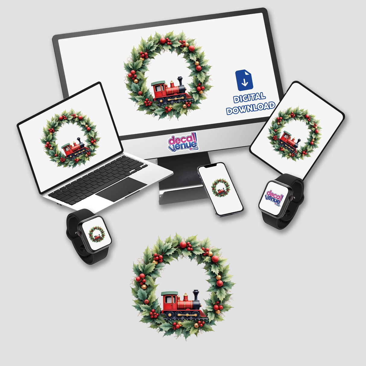 Toy Train in a Christmas Wreath displayed on a computer monitor and laptop, featuring festive decorations, available as stickers or digital artwork from Decal Venue.