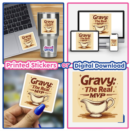 Gravy: The Real MVP Thanksgiving Sticker & Clipart displayed on a laptop, featuring a digital artwork of a sauce boat, available as stickers or digital art with commercial rights.