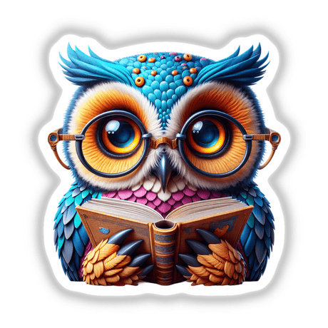 Owl With Reading Glasses Open Book: A cartoon owl engrossed in reading, featured as a sticker or digital artwork, perfect for fans of whimsical designs from Decal Venue's unique collection.