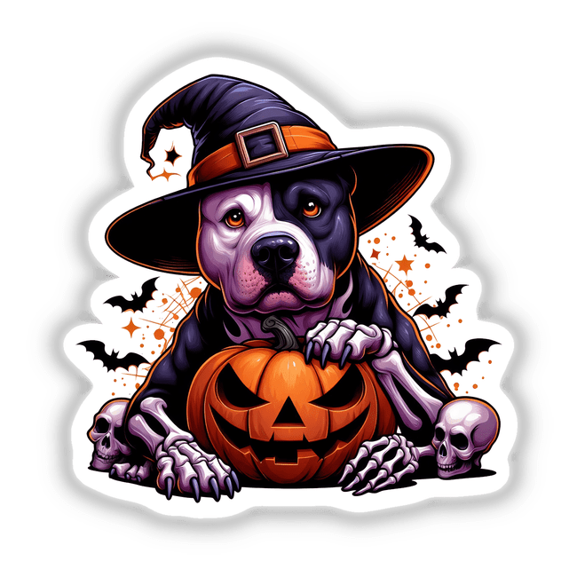 Friendly Pitbull wearing a witch hat and holding a Halloween pumpkin, surrounded by spooky bats and skulls