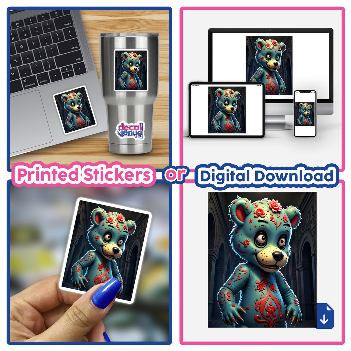 Collage featuring A Macabre Scary Bear in various sticker and digital artwork formats, including a cartoon bear on a laptop and a stainless steel cup.