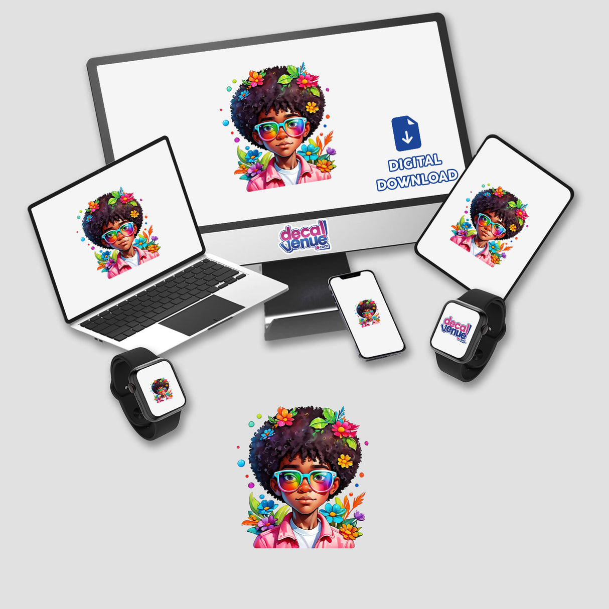 Trendy Afro Boy with Cool Glasses: Rainbow Floral Splash shown on a laptop and monitor, available as stickers or digital artwork.