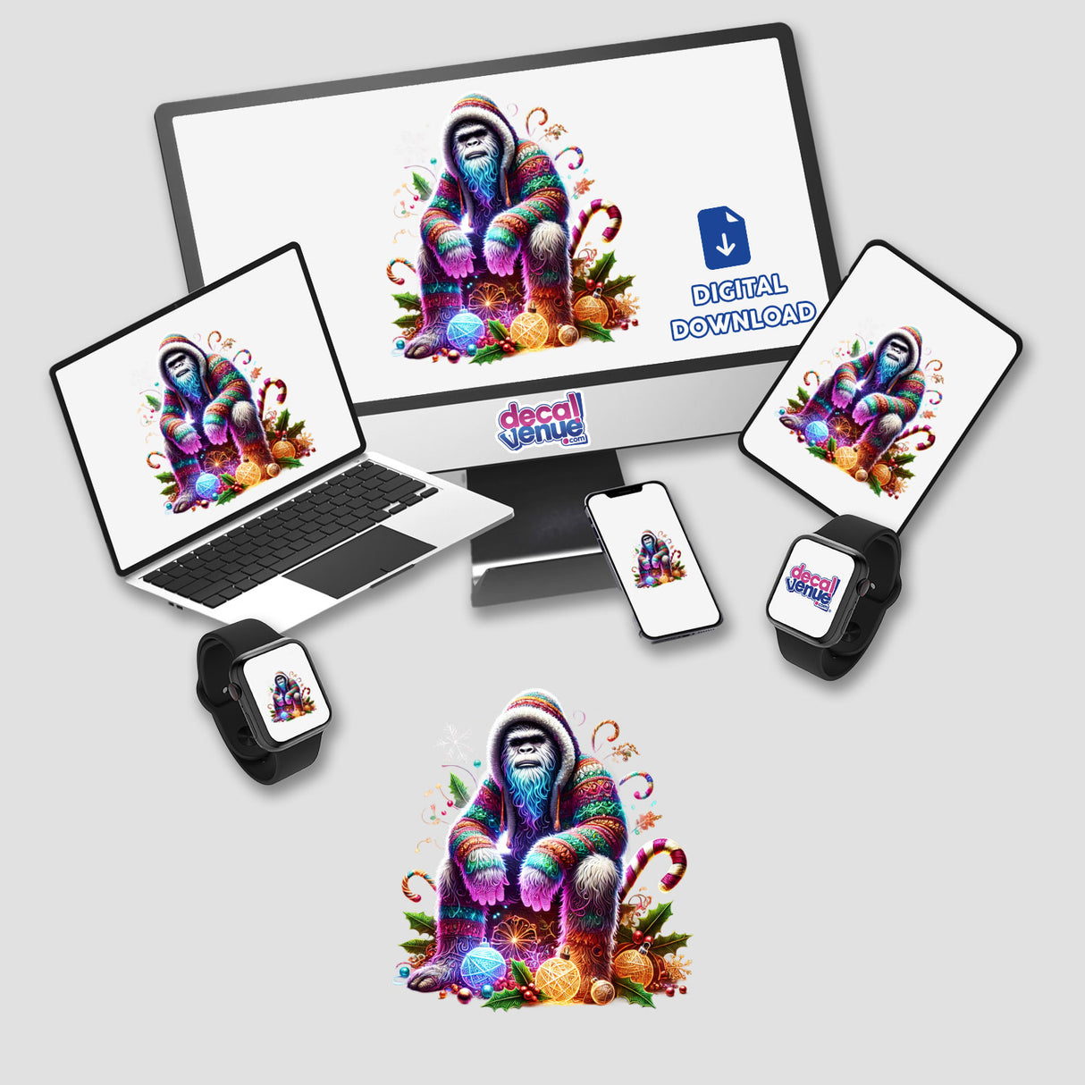 Colorful digital art of a sasquatch wearing a Christmas sweater, surrounded by holiday decor and the Decal Venue logo, displayed on a variety of digital devices.