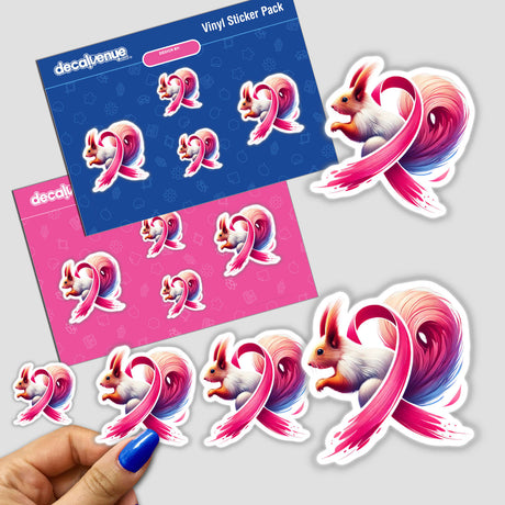 Squirrel Pink Ribbon Breast Cancer stickers featuring a cartoon squirrel with a pink ribbon, available as stickers or digital artwork from Decal Venue.