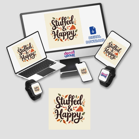 Stuffed & Happy Thanksgiving Sticker or Clipart with Commercial Rights displayed among a group of electronic devices, including a laptop and tablet, highlighting its versatility for digital use.