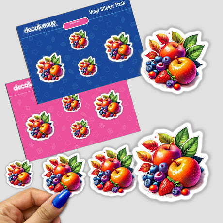 Vibrant fruit stickers featuring a colorful assortment of apples, berries, and leaves, designed by ArtMix for the Decal Venue online store.