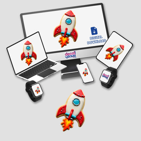 Rocket Shaped Cookie with Red Flames and Silver Details displayed on a computer monitor and laptop screen, available as Stickers or Digital Artwork.