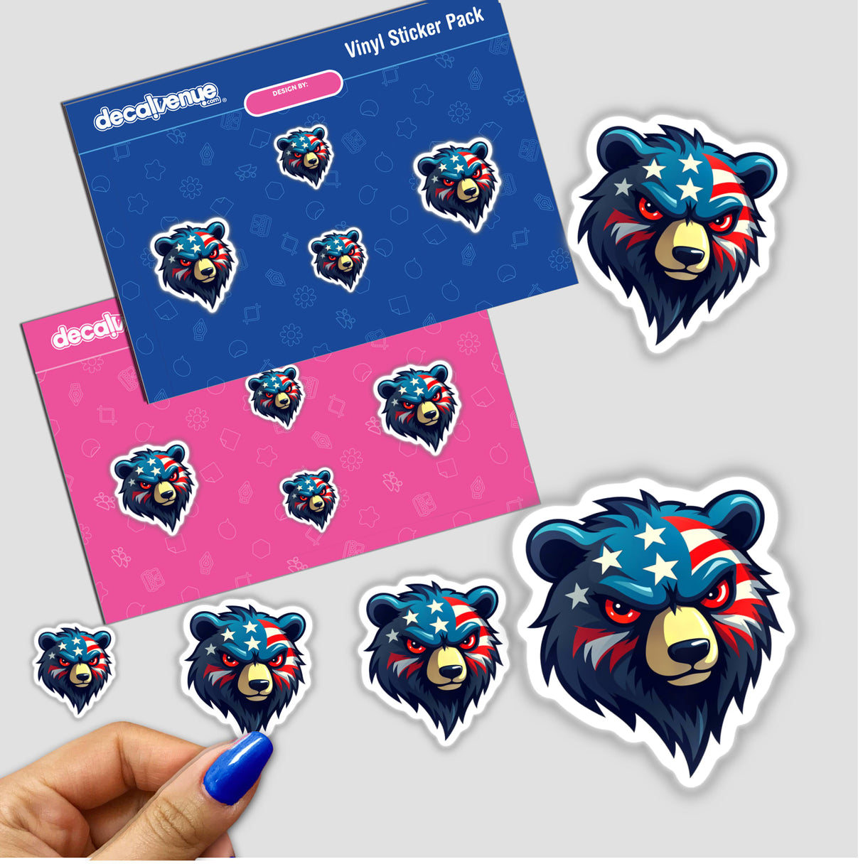 A Cool American Flag Bear sticker featuring a cartoon bear with stars and stripes, available as unique stickers or digital artwork from Decal Venue.