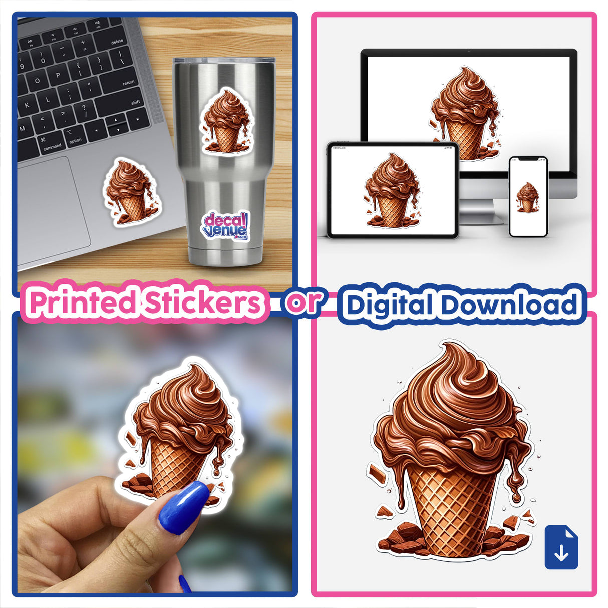 Chocolate ice cream cone digital art in various formats - laptop, stainless steel tumbler, and smartphone displays, showcasing the high-quality, detailed illustrations available for purchase as printed stickers or digital downloads from Decal Venue's online store.