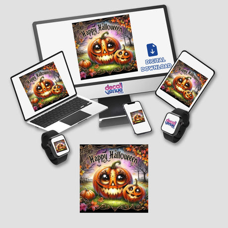 Bronze Halloween Series 8: Computer monitor, laptop, tablet, smartphone, and smartwatch displaying pumpkin artwork, available as stickers or digital art.