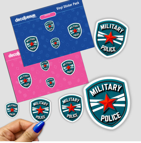 Military Police Shield Logo sticker held in a hand with blue nail polish, showcasing a red star on a blue and white striped background. Available as stickers or digital artwork.