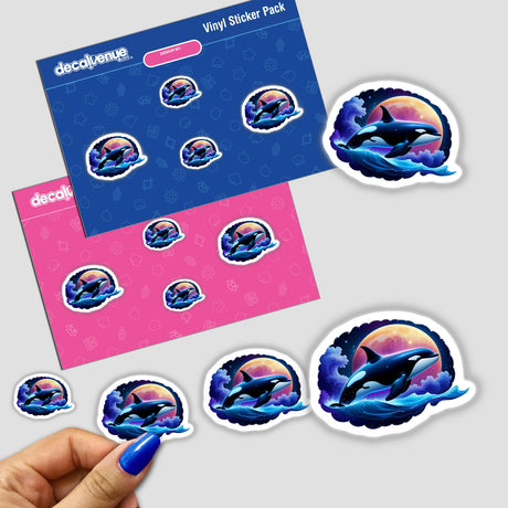 A Cute Magical Orca sticker depicting a whimsical whale in various scenes, including sky and water, showcased among a set of stickers.