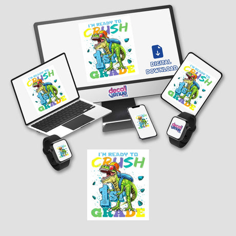 Back to school series 9: A computer monitor and laptop displaying a cartoon dinosaur with a backpack, available as stickers or digital artwork from Decal Venue.