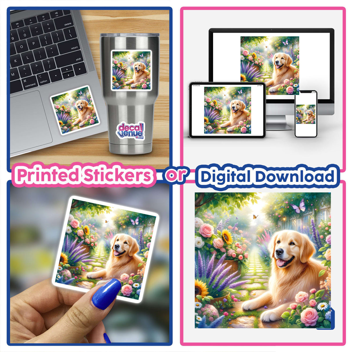 Golden Retriever in a Magical Garden Path Watercolor Illustration featuring a happy dog surrounded by flowers, available as unique stickers or digital artwork from Decal Venue.