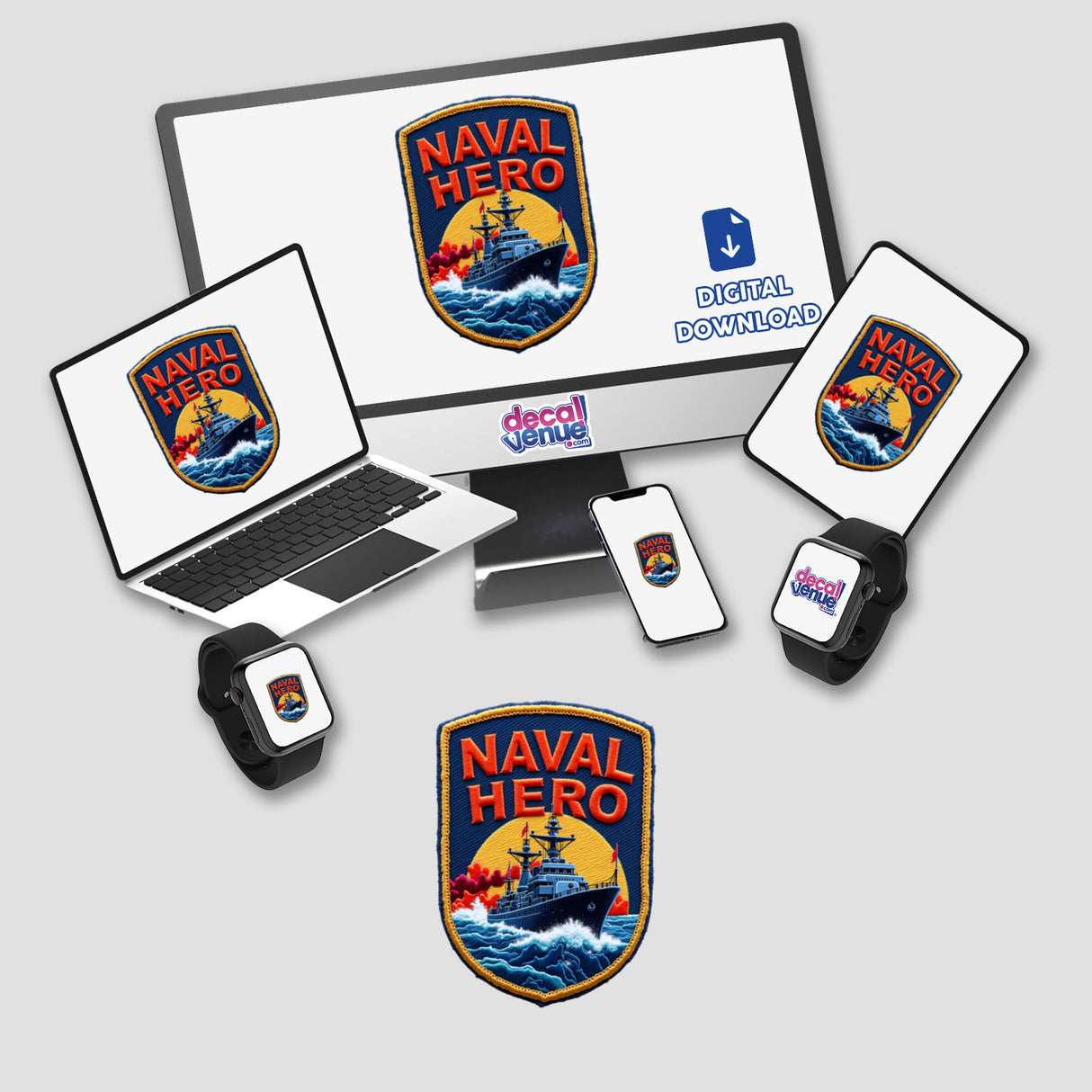 Computer monitor and laptop displaying the 0004 - NAVAL HERO logo, available as stickers or digital artwork.