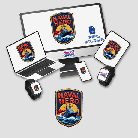 Computer monitor and laptop displaying the 0004 - NAVAL HERO logo, available as stickers or digital artwork.