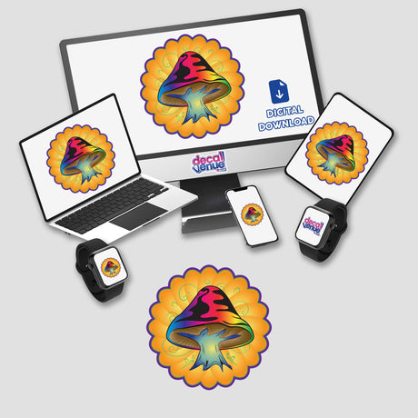 Colorful digital artwork of a psychedelic mushroom on various devices including a laptop, smartphone, and smartwatch. The mushroom is surrounded by a yellow flower-like design, highlighting the whimsical and vibrant nature of the artwork.