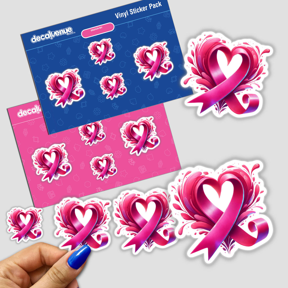 Breast Cancer Heart Shaped Ribbon sticker pack featuring pink ribbons and hearts, with splashes of paint, available as stickers or digital artwork.