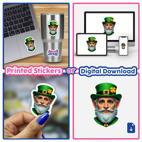 St. Patrick's Day Leprechaun collage featuring a man in a green hat, ideal as stickers or digital artwork, showcasing whimsical and unique designs from Decal Venue.