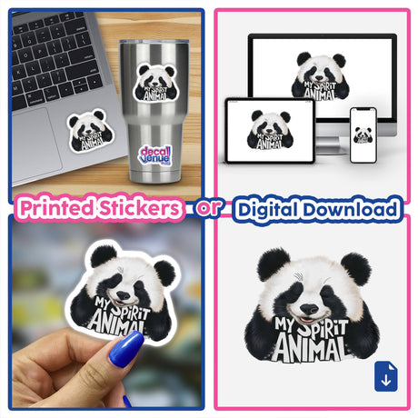 Cute panda digital artwork with "My spirit animal" text, available as printed stickers or digital downloads from Decal Venue online store.