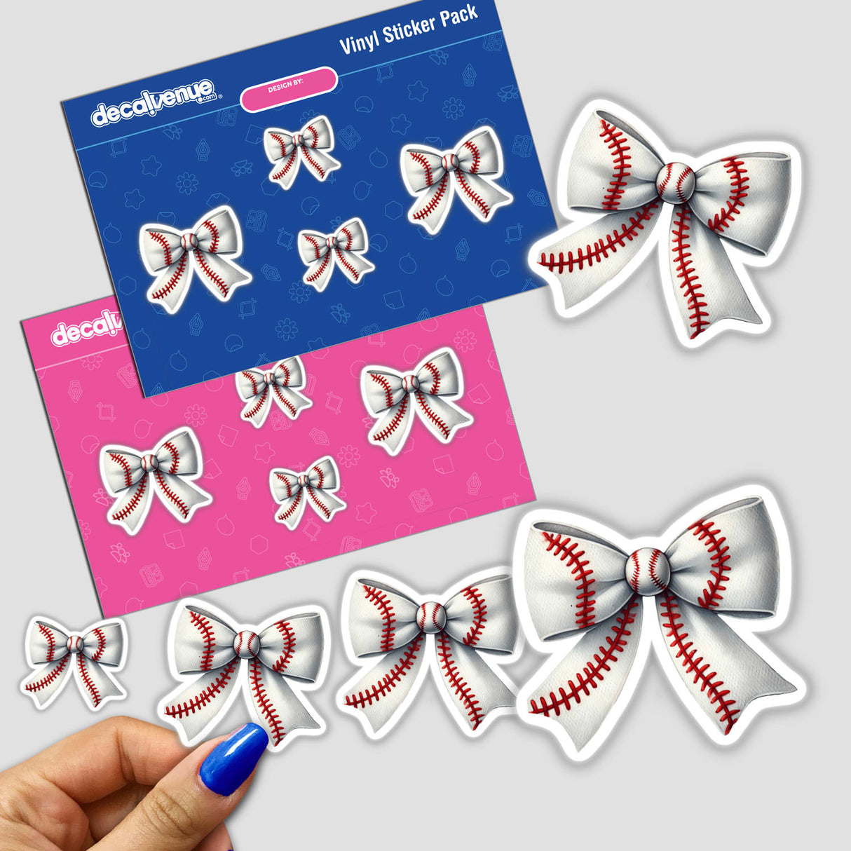 Coquette Baseball Bow sticker pack featuring bows with red stitching, available as vinyl stickers or digital artwork.