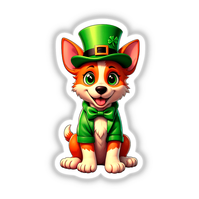 St. Patrick's Day Puppy: Cartoon dog with green hat and bow tie, perfect as stickers or digital artwork from Decal Venue.