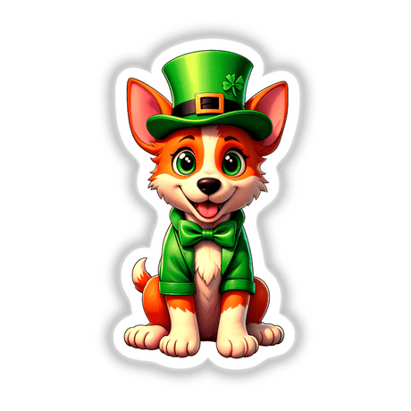 St. Patrick's Day Puppy: Cartoon dog with green hat and bow tie, perfect as stickers or digital artwork from Decal Venue.