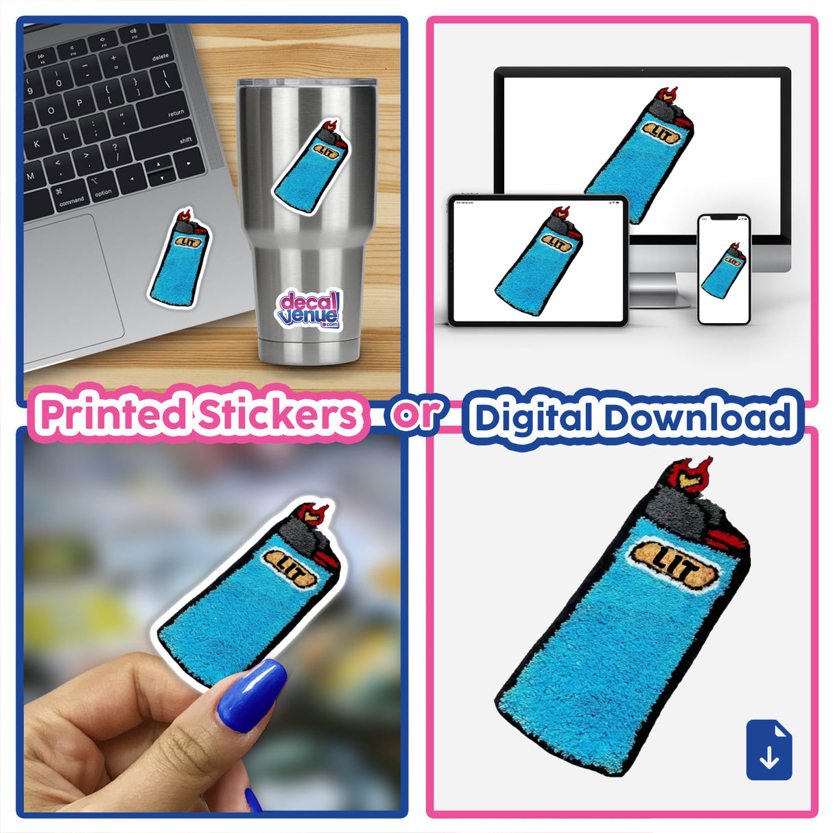 Collage featuring unique Lit stickers and digital artwork, showcasing various blue lighters with flames, aligning with Decal Venue's distinctive sticker and digital art offerings.