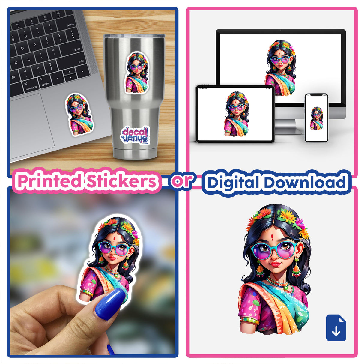 Vibrant Indian Girl Sticker - Colorful Sunglasses Illustration, featuring a collage of cartoon women in sunglasses. Available as stickers or digital artwork.