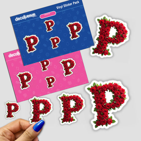 Hand holding Elegant Floral Letter P Clipart sticker with intricate flowers and leaves, available as a downloadable artwork with commercial rights from Decal Venue.