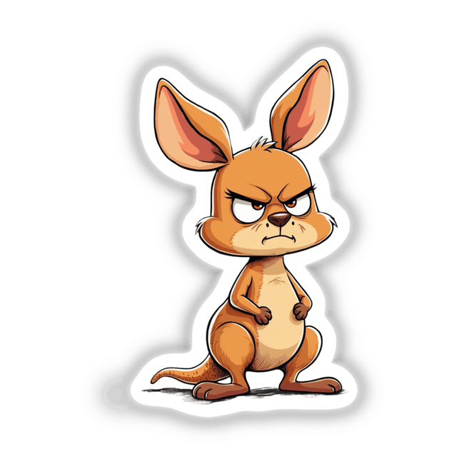 Grumpy Cartoon Kangaroo with Big Ears and Folded Arms, showcasing an angry expression. Available as stickers or digital artwork from Decal Venue, specializing in unique cartoon decals.