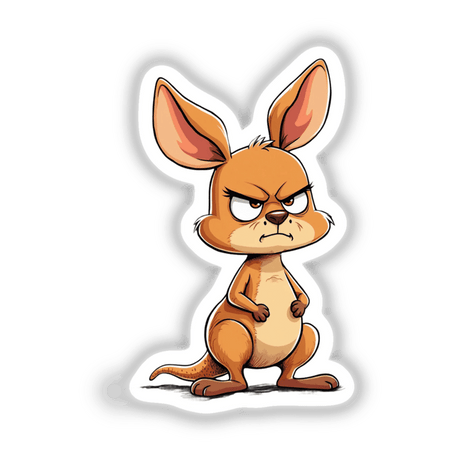 Grumpy Cartoon Kangaroo with Big Ears and Folded Arms, showcasing an angry expression. Available as stickers or digital artwork from Decal Venue, specializing in unique cartoon decals.