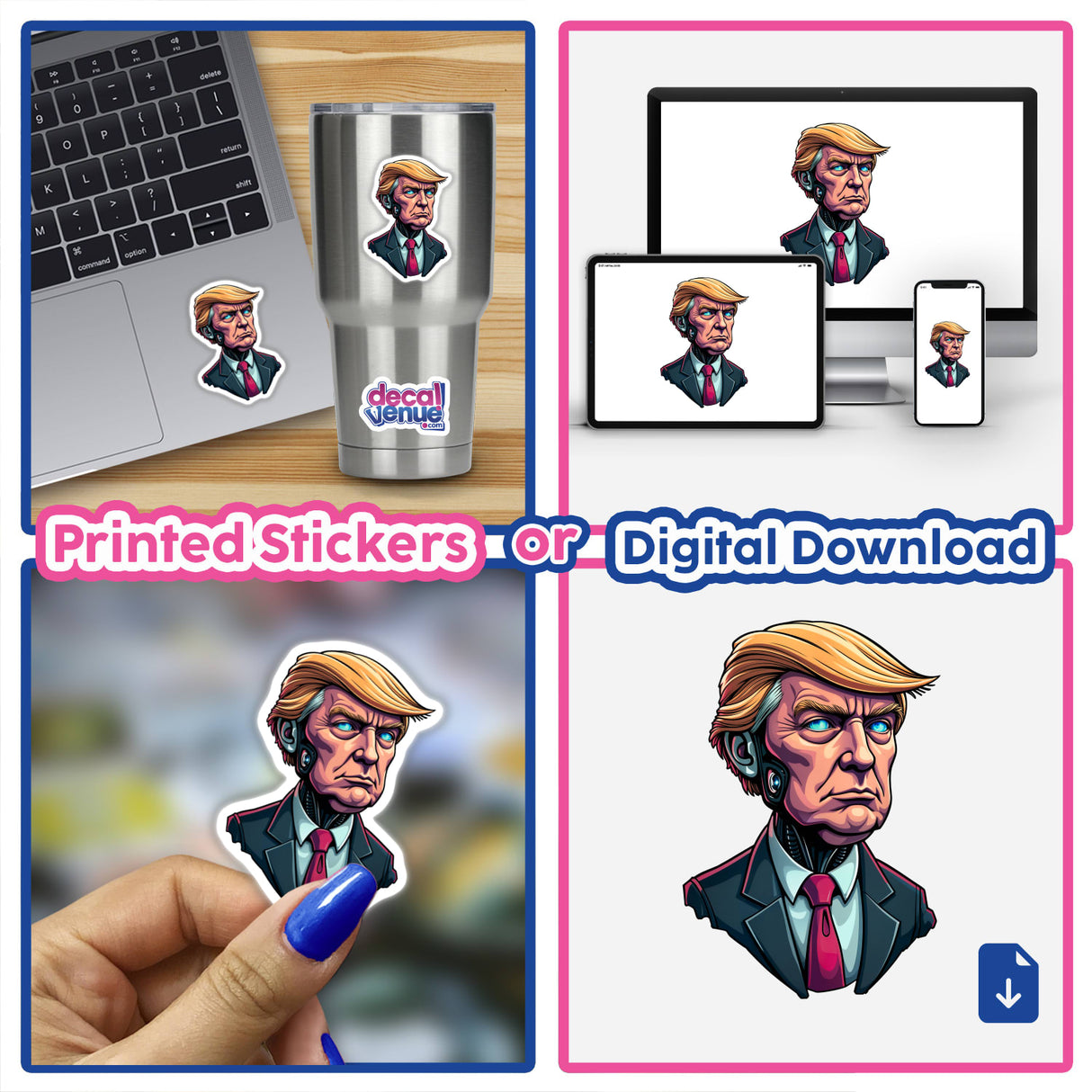 Futuristic President Donald Trump sticker collage on a laptop, featuring various cartoon illustrations of Trump, available as unique vinyl stickers or digital artwork.