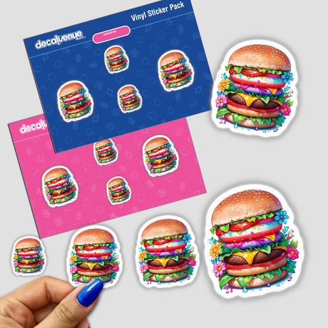 Hand holding a sticker pack featuring colorful flower burgers from Decal Venue.