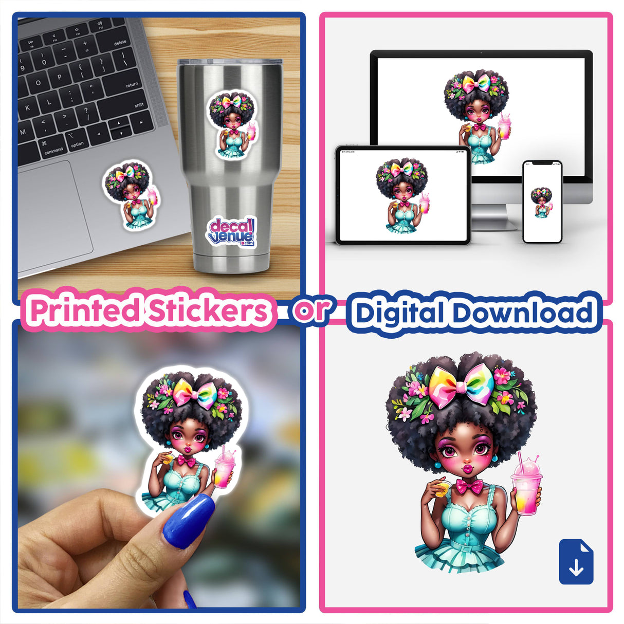 Pin-Up Sweetheart: Cute Afro Doll with Pink Bow Sipping a Slurpie, featured in various digital artwork and sticker formats, depicted with a laptop and a phone.