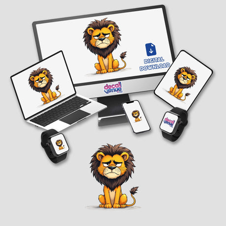 Lion with Grumpy Facial Expression on computer screen and laptop, available as stickers or digital artwork from Decal Venue.