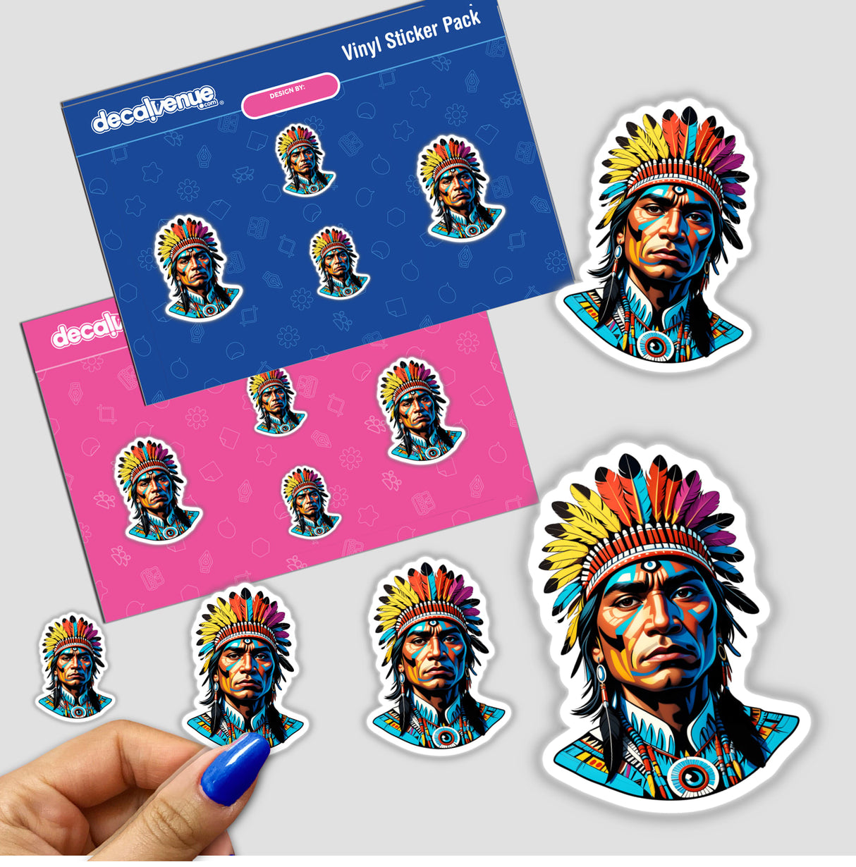 A sticker pack featuring A Native American Warrior Chief with colorful feathers and headdress, showcasing unique art available as vinyl stickers or digital artwork from Decal Venue.