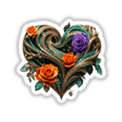 Emerald Gold Heart with Orange and Purple Roses featuring a heart-shaped design adorned with vibrant floral arrangements, available as stickers or digital artwork from Decal Venue.